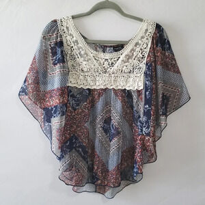 Rue 21 Crochet Sheer Blouse Small Vintage Quilt Inspired Boho Bohemian